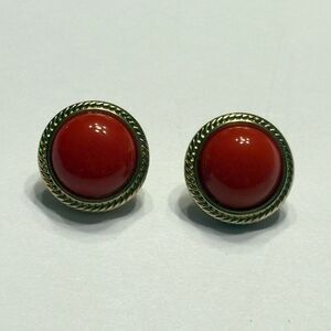 Vintage Monet Gold Tone Red Coral Round Clip on Earring Signed Stud